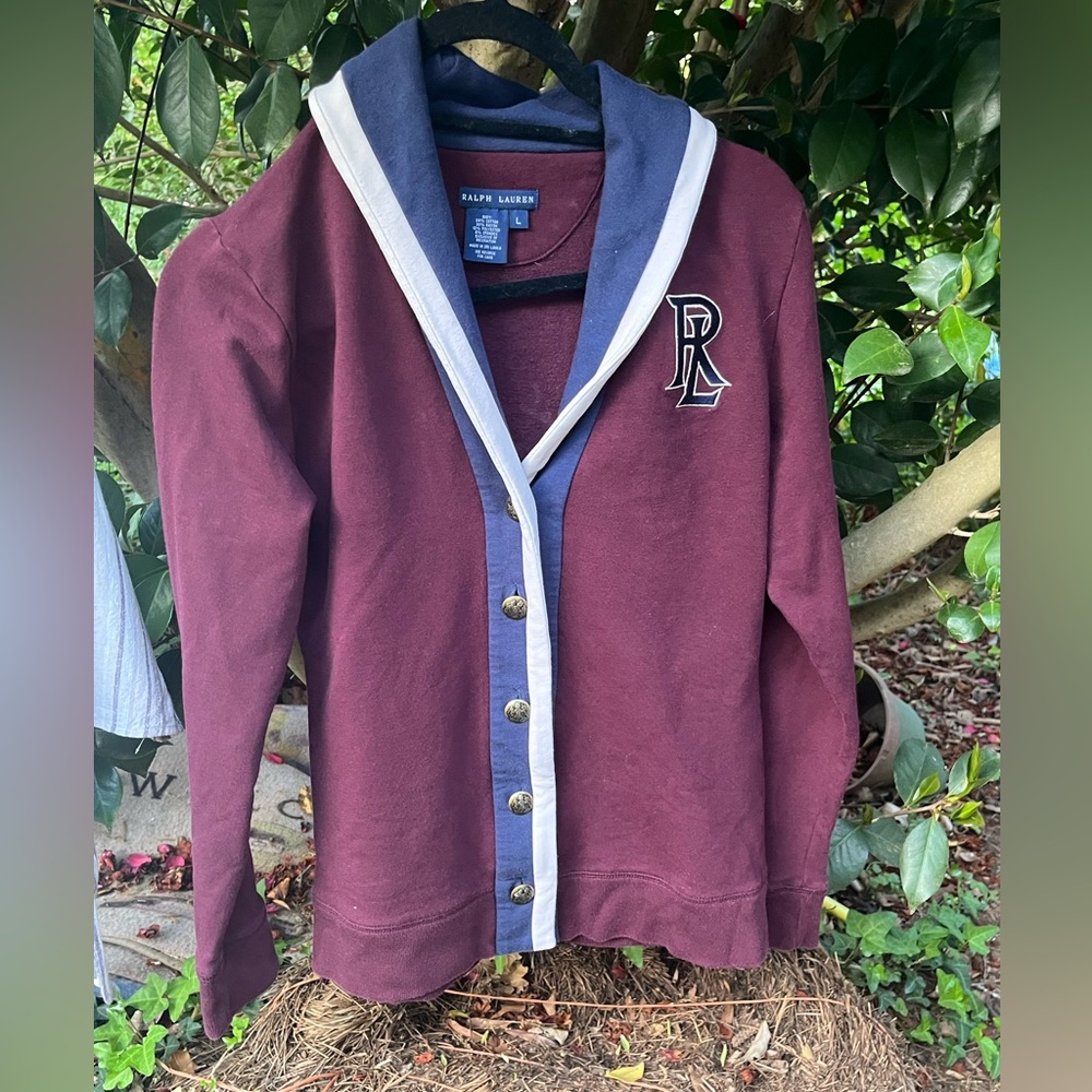 Ralph Lauren Vintage Burgundy Cardigan with Blue Trim. L.
